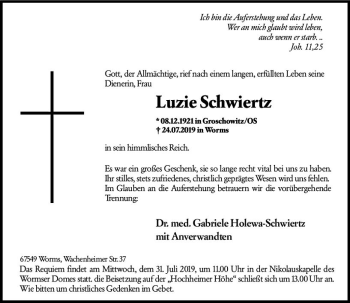 Traueranzeige von Luzie Schwiertz von vrm-trauer