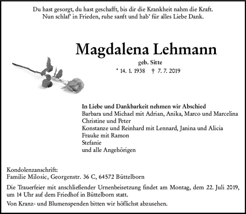  Traueranzeige für Magdalena Lehmann vom 18.07.2019 aus vrm-trauer