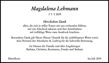 Traueranzeige von Magdalena Lehmann von vrm-trauer