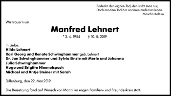 Traueranzeige von Manfred Lehnert von  Dill Block ()