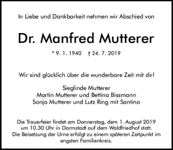Traueranzeige von Manfred Mutterer von vrm-trauer