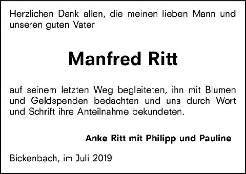  Traueranzeige für Manfred Ritt vom 13.07.2019 aus vrm-trauer