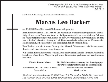 Traueranzeige von Marcus Leo Backert von VRM Trauer