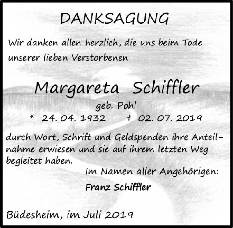  Traueranzeige für Margareta Schiffler vom 27.07.2019 aus vrm-trauer