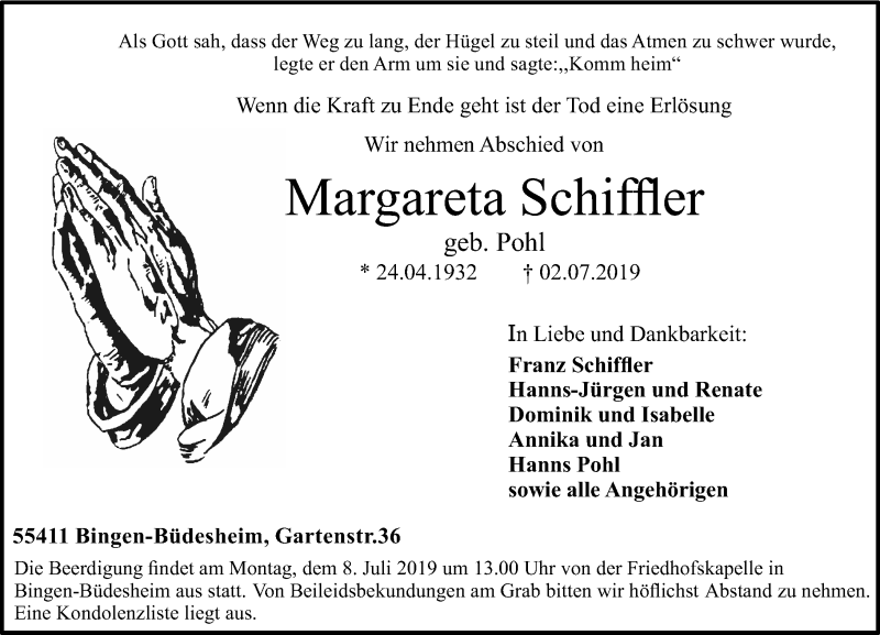  Traueranzeige für Margareta Schiffler vom 06.07.2019 aus vrm-trauer