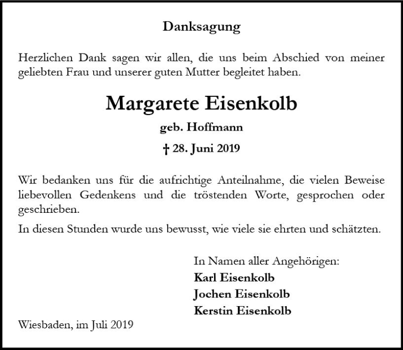  Traueranzeige für Margarete Eisenkolb vom 20.07.2019 aus vrm-trauer
