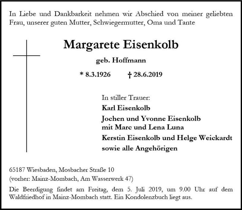 Traueranzeige für Margarete Eisenkolb vom 02.07.2019 aus vrm-trauer