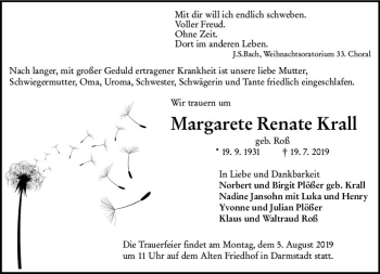 Traueranzeige von Margarete Renate Krall von vrm-trauer