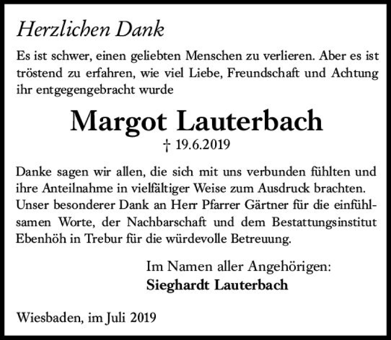  Traueranzeige für Margot Lauterbach vom 17.07.2019 aus vrm-trauer