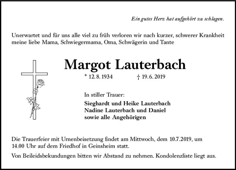  Traueranzeige für Margot Lauterbach vom 05.07.2019 aus vrm-trauer