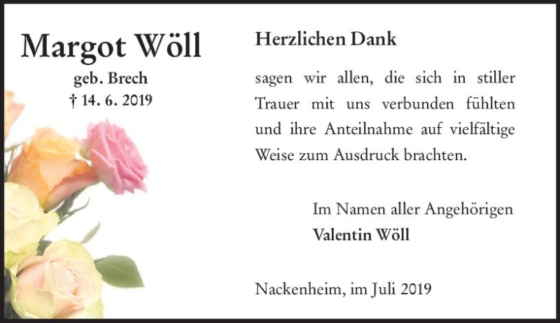  Traueranzeige für Margot Wöll vom 20.07.2019 aus vrm-trauer
