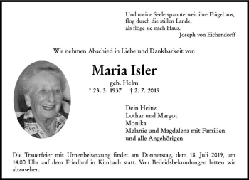 Traueranzeige von Maria Isler von vrm-trauer