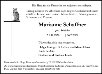 Traueranzeige von Marianne Schaffner von vrm-trauer