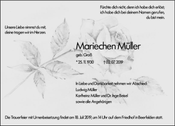 Traueranzeige von Mariechen Müller von vrm-trauer