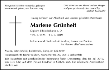 Traueranzeige von Marlene Grünheit von vrm-trauer
