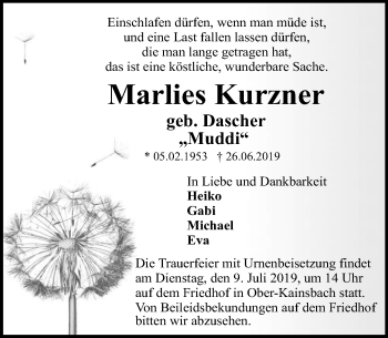 Traueranzeige von Marlies Kurzner von vrm-trauer