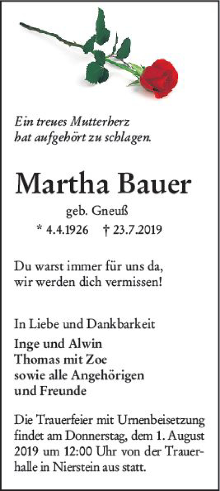  Traueranzeige für Martha Bauer vom 27.07.2019 aus vrm-trauer