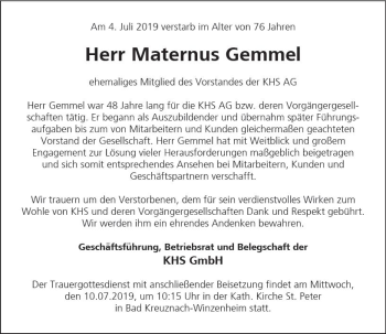 Traueranzeige von Maternus Gemmel von vrm-trauer