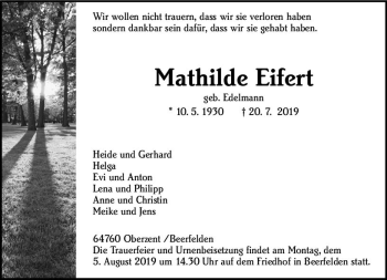Traueranzeige von Mathilde Eifert von vrm-trauer