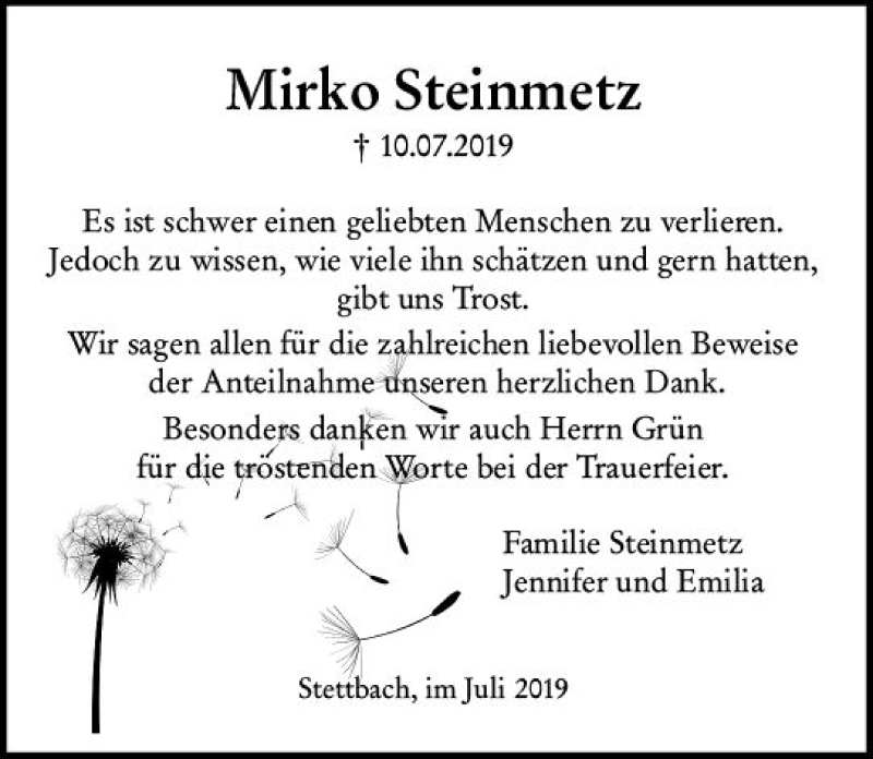  Traueranzeige für Mirko Steinmetz vom 27.07.2019 aus vrm-trauer
