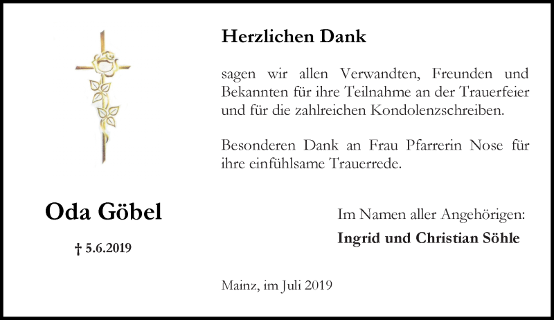  Traueranzeige für Oda Göbel vom 06.07.2019 aus vrm-trauer
