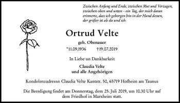 Traueranzeige von Ortrud Velte von vrm-trauer