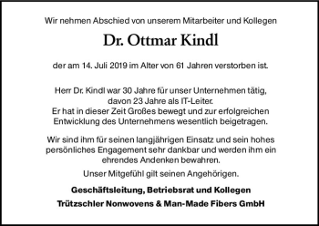 Traueranzeige von Ottmar Kindl von vrm-trauer