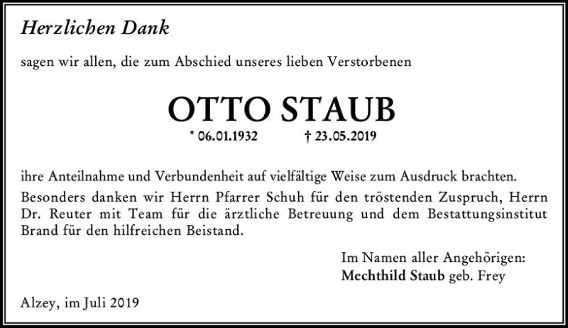  Traueranzeige für Otto Staub vom 13.07.2019 aus vrm-trauer