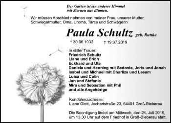 Traueranzeige von Paula Schultz von vrm-trauer