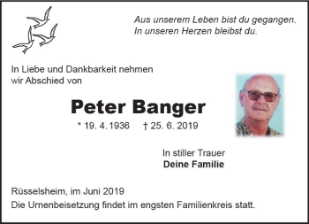 Traueranzeige von Peter Banger von vrm-trauer