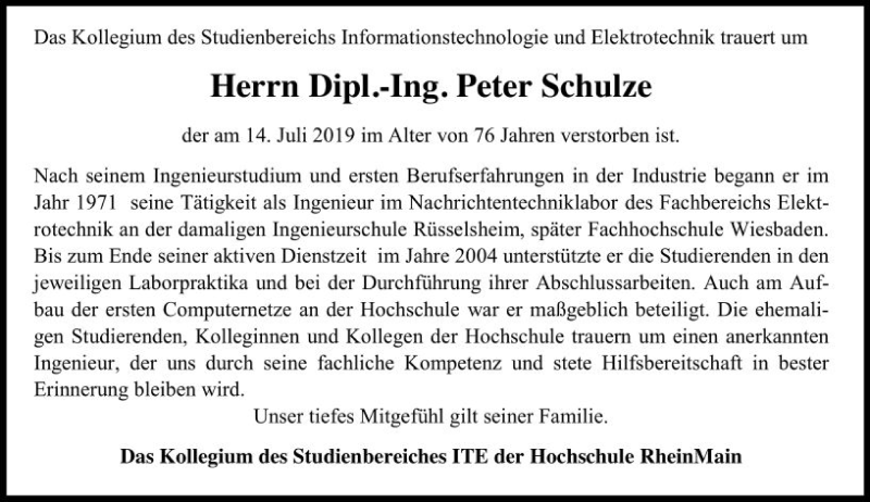  Traueranzeige für Peter Schulze vom 25.07.2019 aus vrm-trauer
