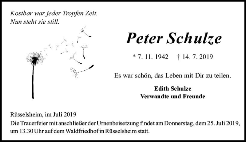  Traueranzeige für Peter Schulze vom 20.07.2019 aus vrm-trauer