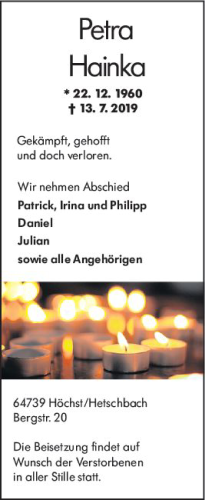  Traueranzeige für Petra Hainka vom 18.07.2019 aus vrm-trauer