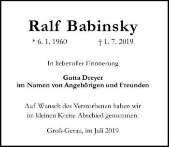 Traueranzeige von Ralf Babinsky von vrm-trauer