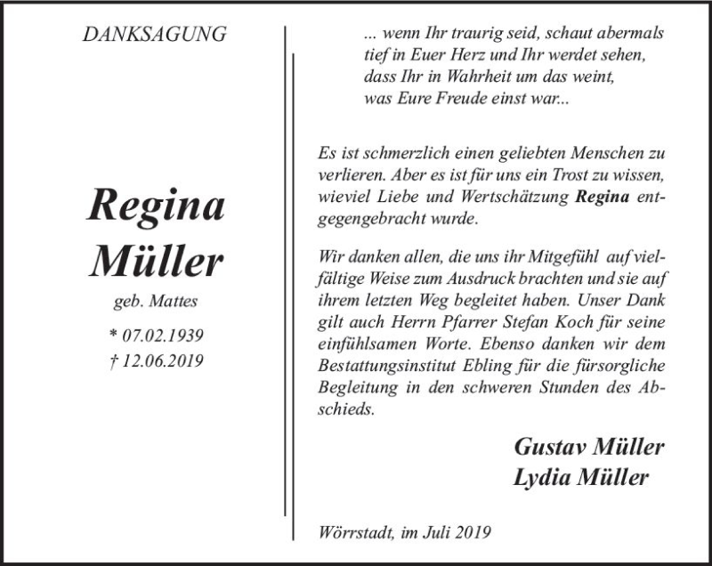  Traueranzeige für Regina Müller vom 20.07.2019 aus vrm-trauer