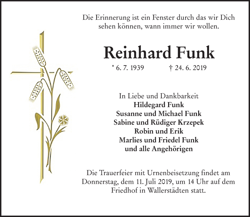  Traueranzeige für Reinhard Funk vom 06.07.2019 aus vrm-trauer