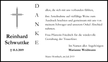 Traueranzeige von Reinhard Schwuttke von vrm-trauer