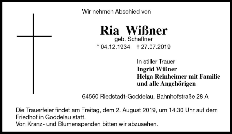  Traueranzeige für Ria Wißner vom 31.07.2019 aus vrm-trauer