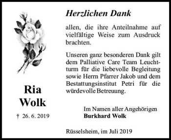 Traueranzeige von Ria Wolk von vrm-trauer