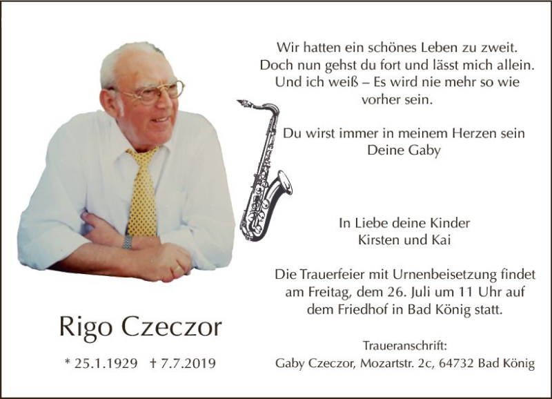  Traueranzeige für Rigo Czeczor vom 20.07.2019 aus vrm-trauer