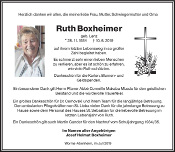 Traueranzeige von Ruth Boxheimer von vrm-trauer