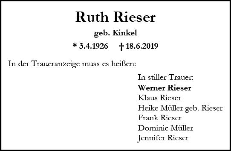 Traueranzeige für Ruth Rieser vom 02.07.2019 aus vrm-trauer