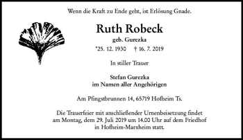 Traueranzeige von Ruth Robeck von vrm-trauer