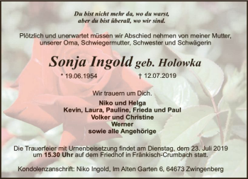 Traueranzeige von Sonja Ingold von vrm-trauer