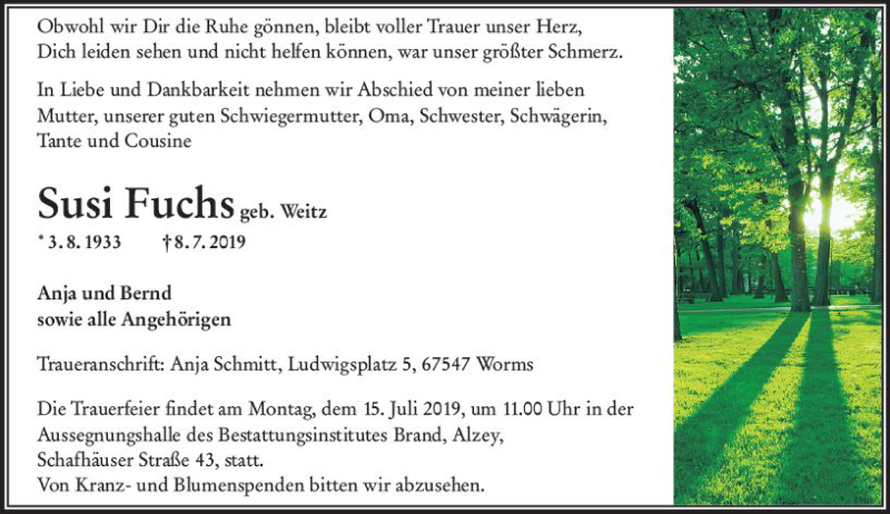  Traueranzeige für Susi Fuchs vom 12.07.2019 aus vrm-trauer