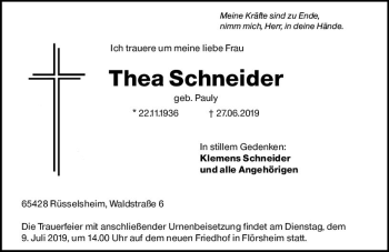 Traueranzeige von Thea Schneider von vrm-trauer