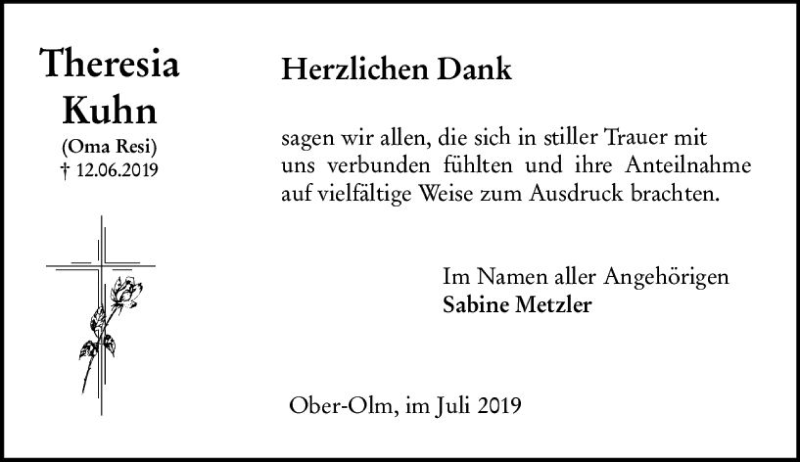  Traueranzeige für Theresia Kuhn vom 20.07.2019 aus vrm-trauer