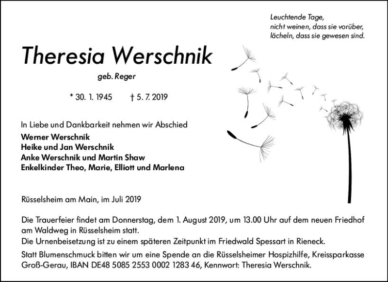  Traueranzeige für Theresia Werschnik vom 13.07.2019 aus vrm-trauer