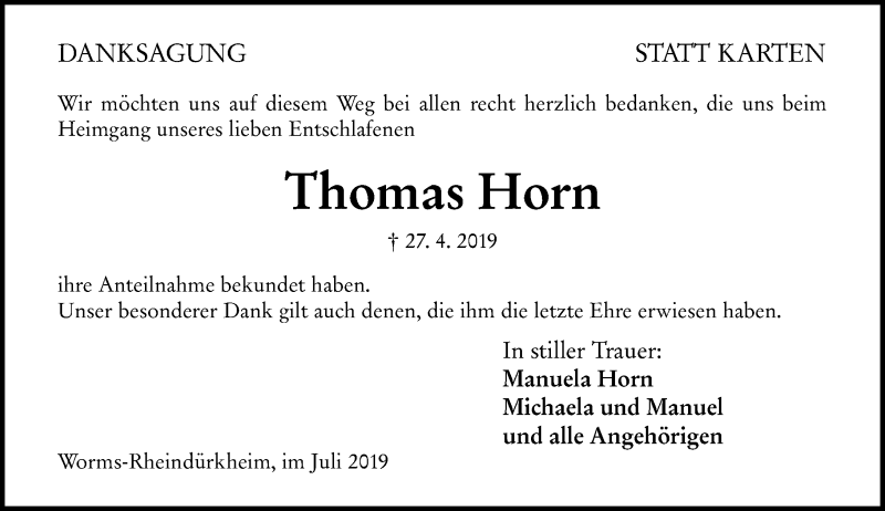  Traueranzeige für Thomas Horn vom 06.07.2019 aus vrm-trauer