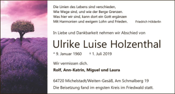 Traueranzeige von Ulrike Luise Holzenthal von vrm-trauer